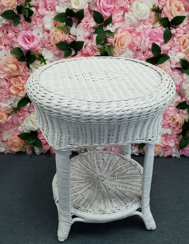 White wicker table rental for weddings and outdoor events in Suffolk Count