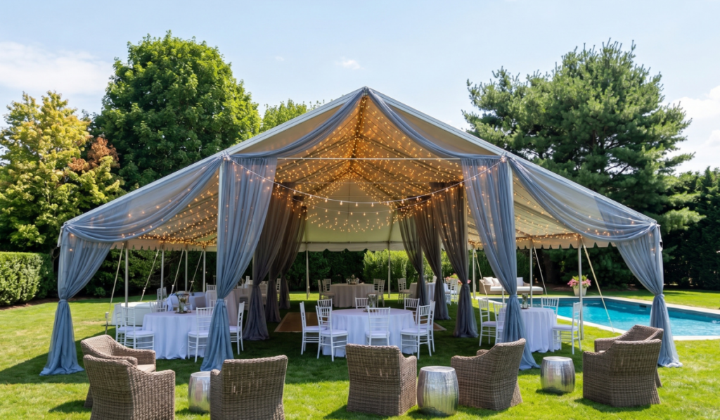 Elegant white frame tent with blue grey draping and string lights set up next to a pool in a Nassau County backyard with white chiavari chairs, round linen tables, and wicker lounge seating on green grass